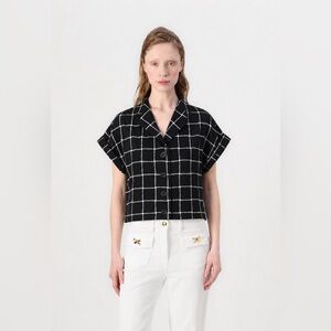 ANNIE 50 - Black Windowpane Check Short-Sleeve Button Front Shirt/Vest